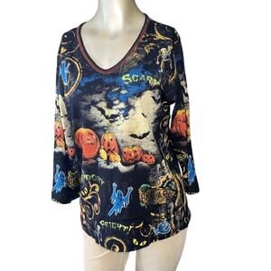 Halloween Shirt Pumpkins, Ghost and Skeletons Large Women 3/4 Sleeve Cactus Bay